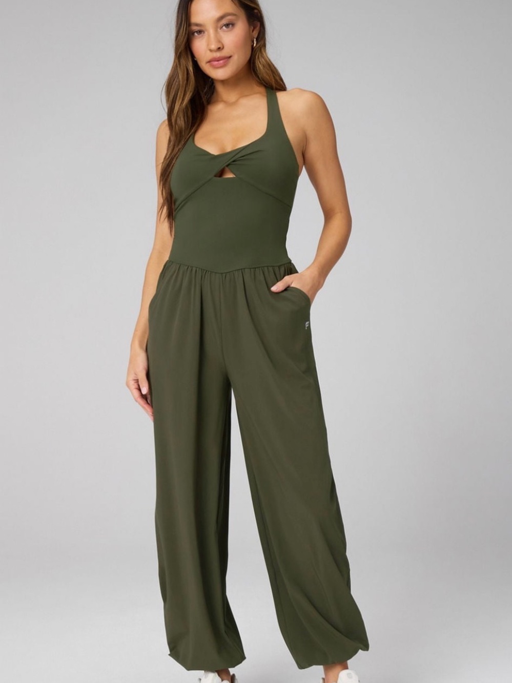 Fabletics Olive Green Twist-Front Wide-Leg Jumpsuit Daydreamer+ Jumpsuit sz S